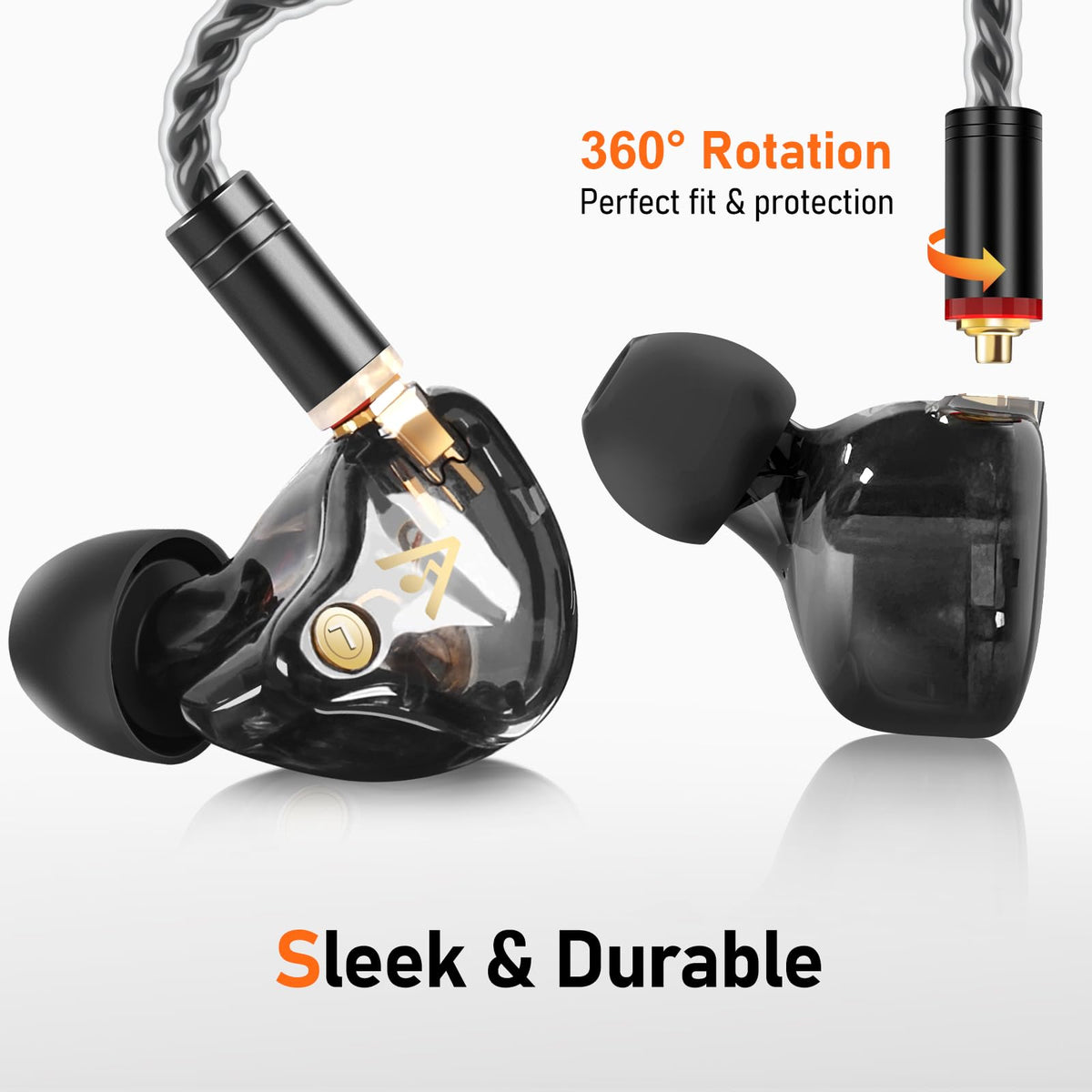 Audiovance earbuds worn in ear demonstrating secure fit and noise isolation