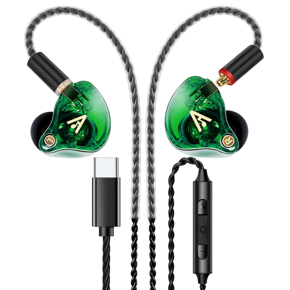 Audiovance Vibes 202MC front view showing earphones and USB‑C plug for high fidelity