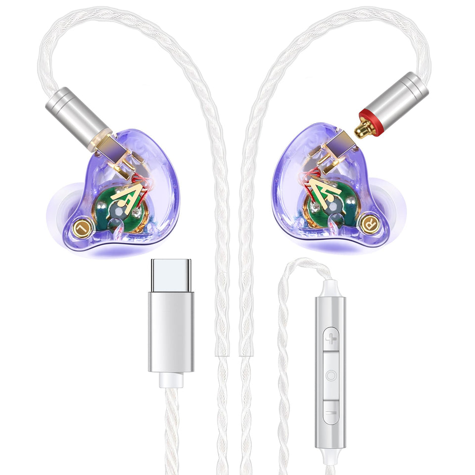Audiovance front view of earbuds showing sleek semi‑transparent shells and polished finish