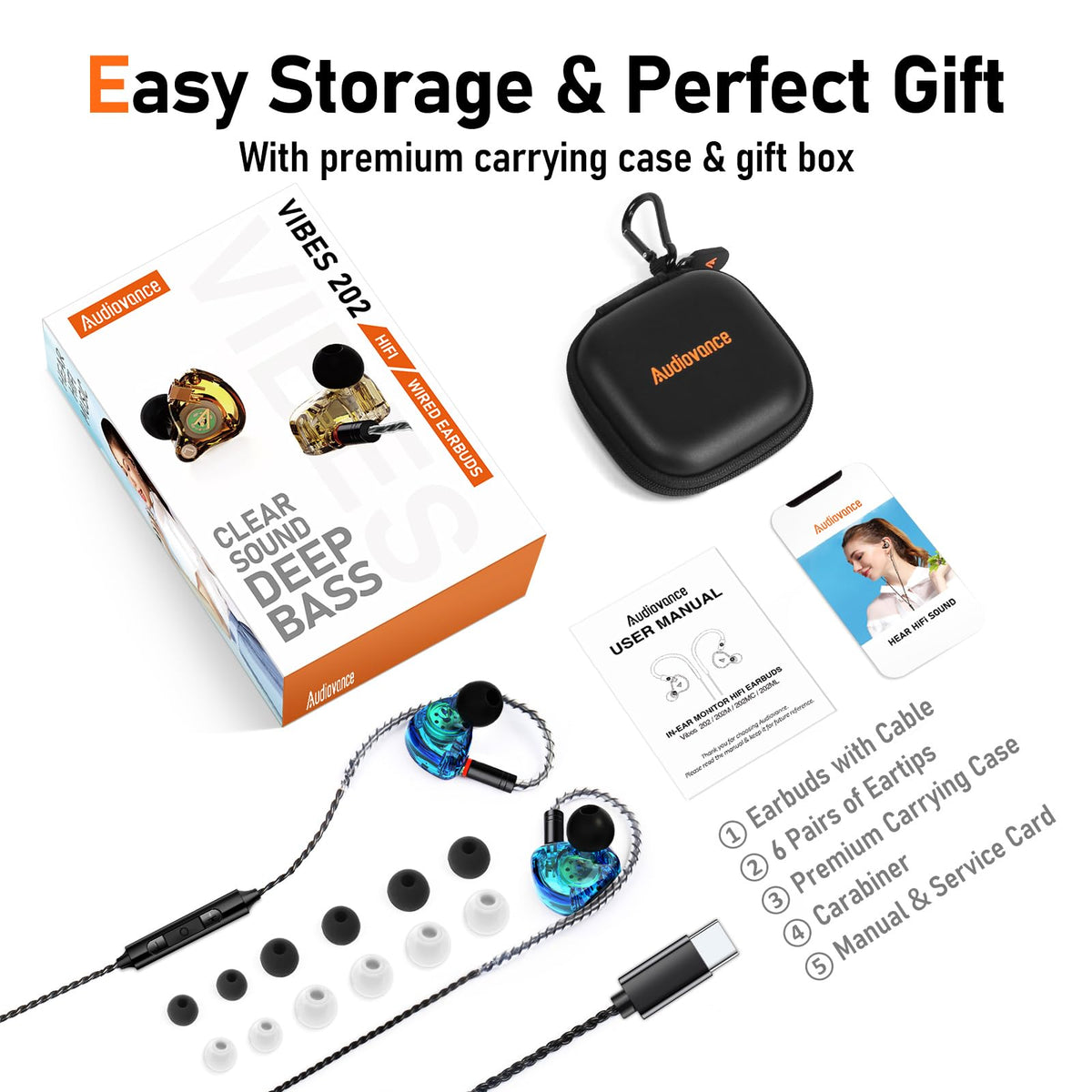 Audiovance earbuds in ear on model showing secure comfort during movement