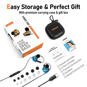 Audiovance earbuds in ear on model showing secure comfort during movement
