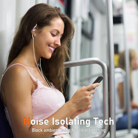 Audiovance earbuds next to smartphone illustrating USB‑C plug compatibility and compact size