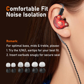 Audiovance earbuds next to a hand showing compact scale and portable convenience