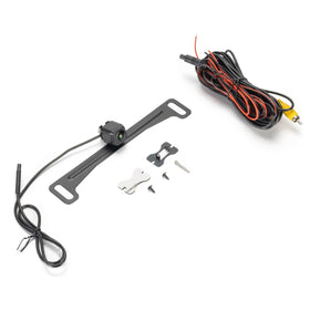 Audiovox ACA800 front license‑plate camera showing discreet install and improved rear visibility