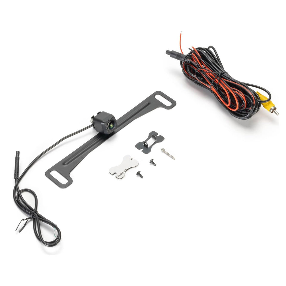Audiovox ACA800 front license‑plate camera showing discreet install and improved rear visibility