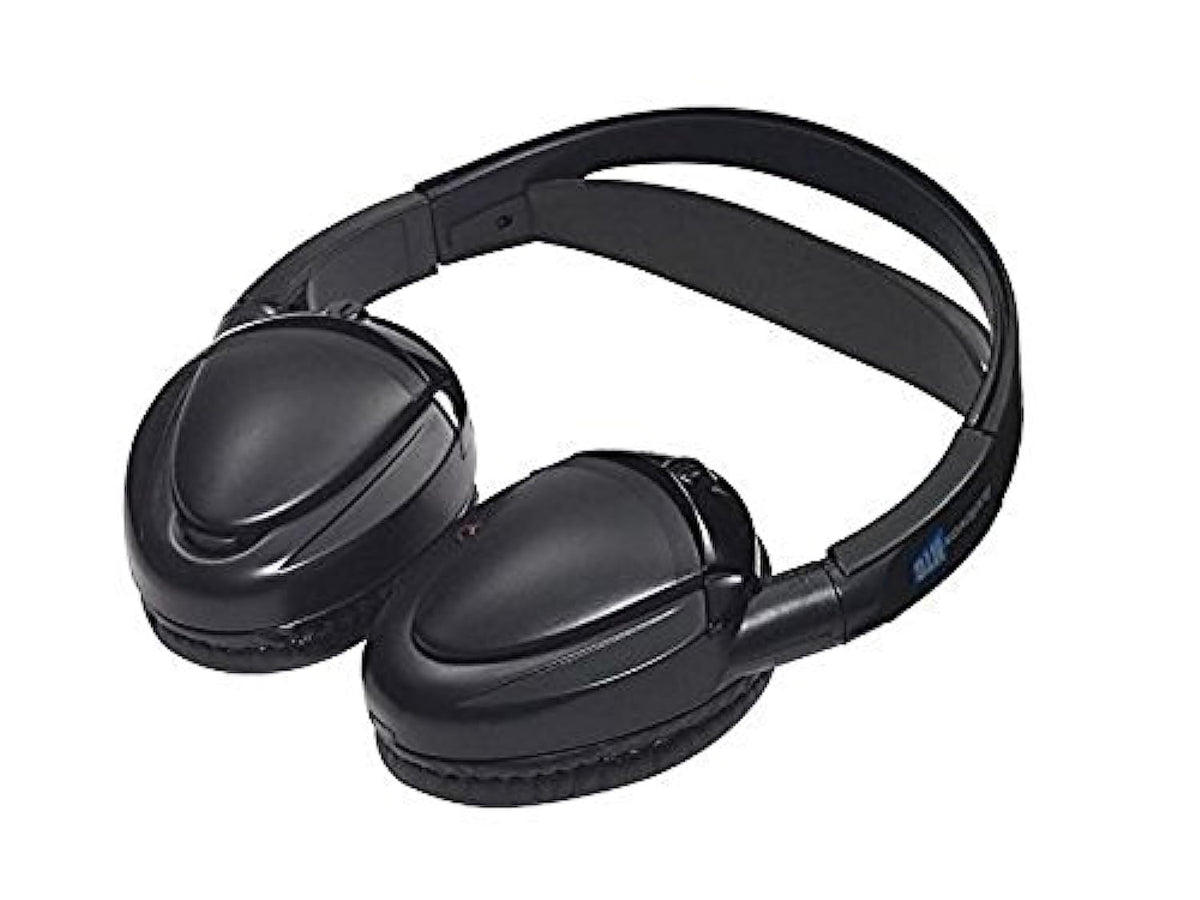 Audiovox dual channel wireless headphones with fold-flat design for clutter-free car listening.