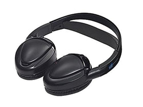 Audiovox dual channel wireless headphones with fold-flat design for clutter-free car listening.