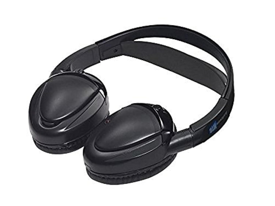Audiovox dual channel wireless headphones with fold-flat design for clutter-free car listening.