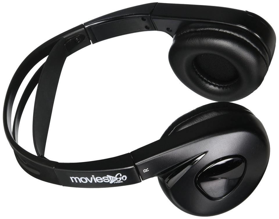 Audiovox MTGHP1CA fold-flat headphones for compact storage and travel convenience.