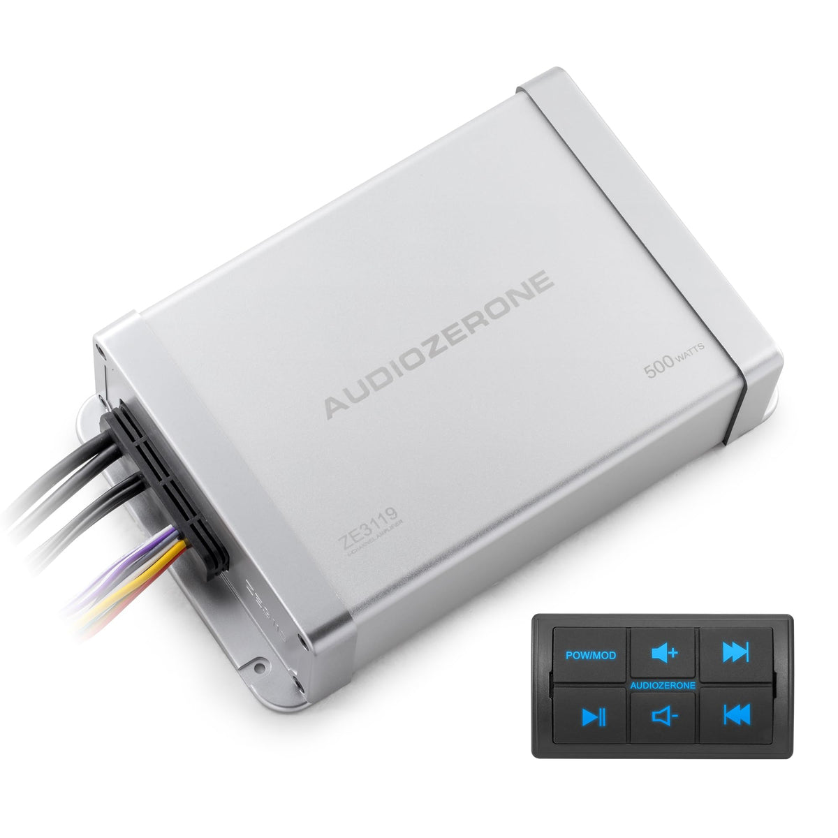 Audiozerone Marine Bluetooth Amplifier front view with AUX lighting for easy control