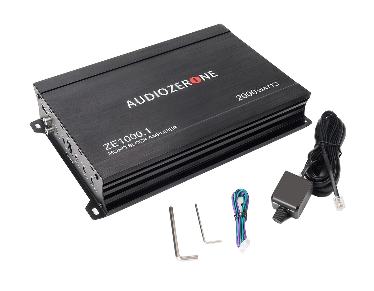 AUDIOZERONE ZE1000.1 installed in a vehicle boosts subwoofer performance.