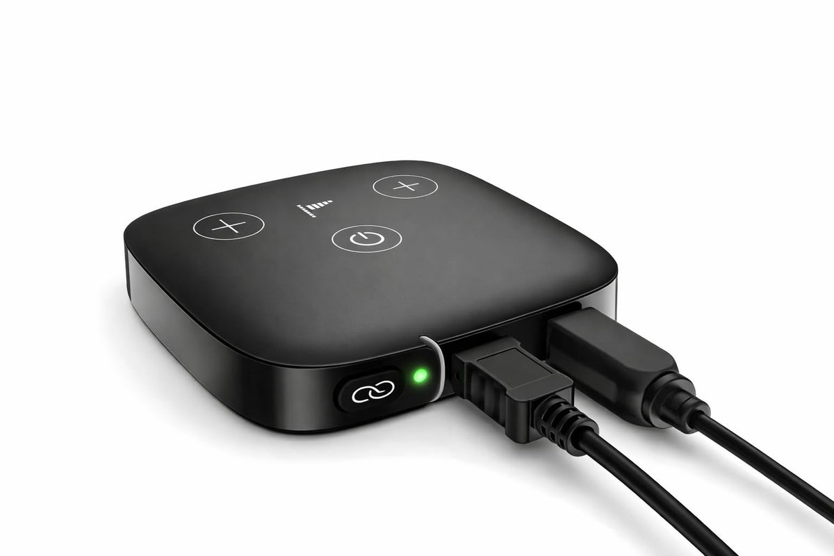 Audique Phonak TV Connector 3.5mm jack for broad device compatibility.
