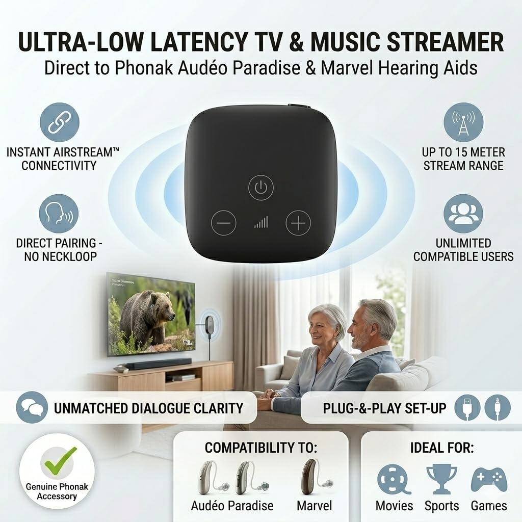 Audique Phonak TV Connector compatible with Marvel and Paradise aids.