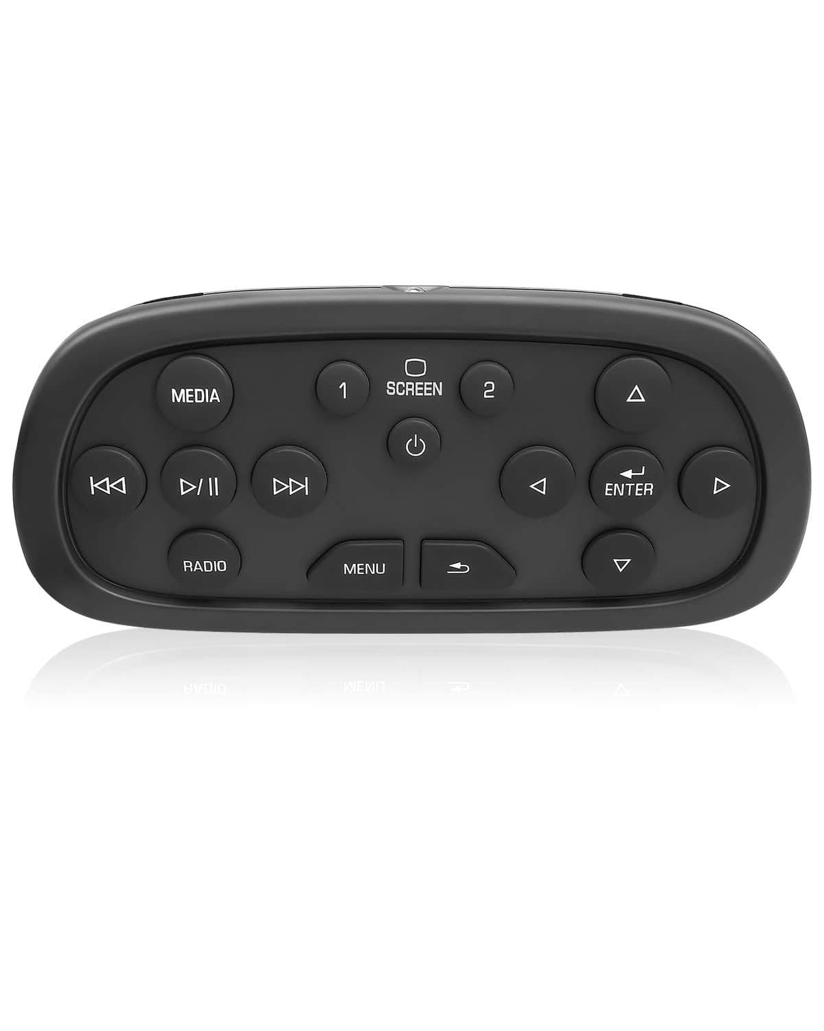 AUGREX DVD remote handheld in hand, ergonomic grip for backseat use.