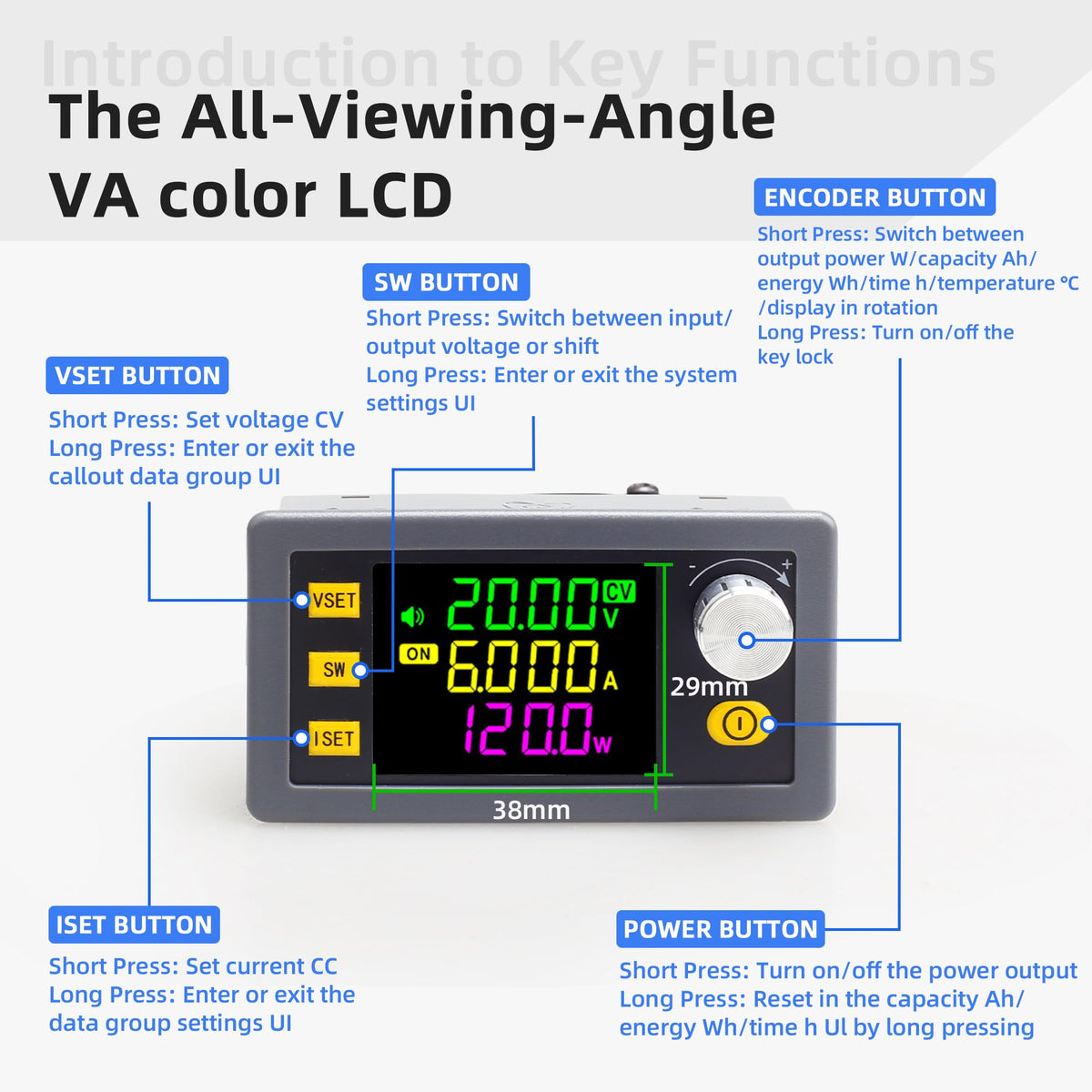 AUGUESLD SK-120 LCD color screen provides clear voltage and current data.
