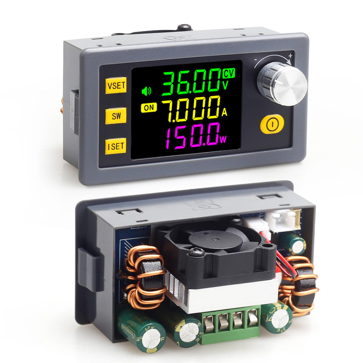 AUGUESLD SK150 Buck Boost front LCD display with real-time voltage and current readings.