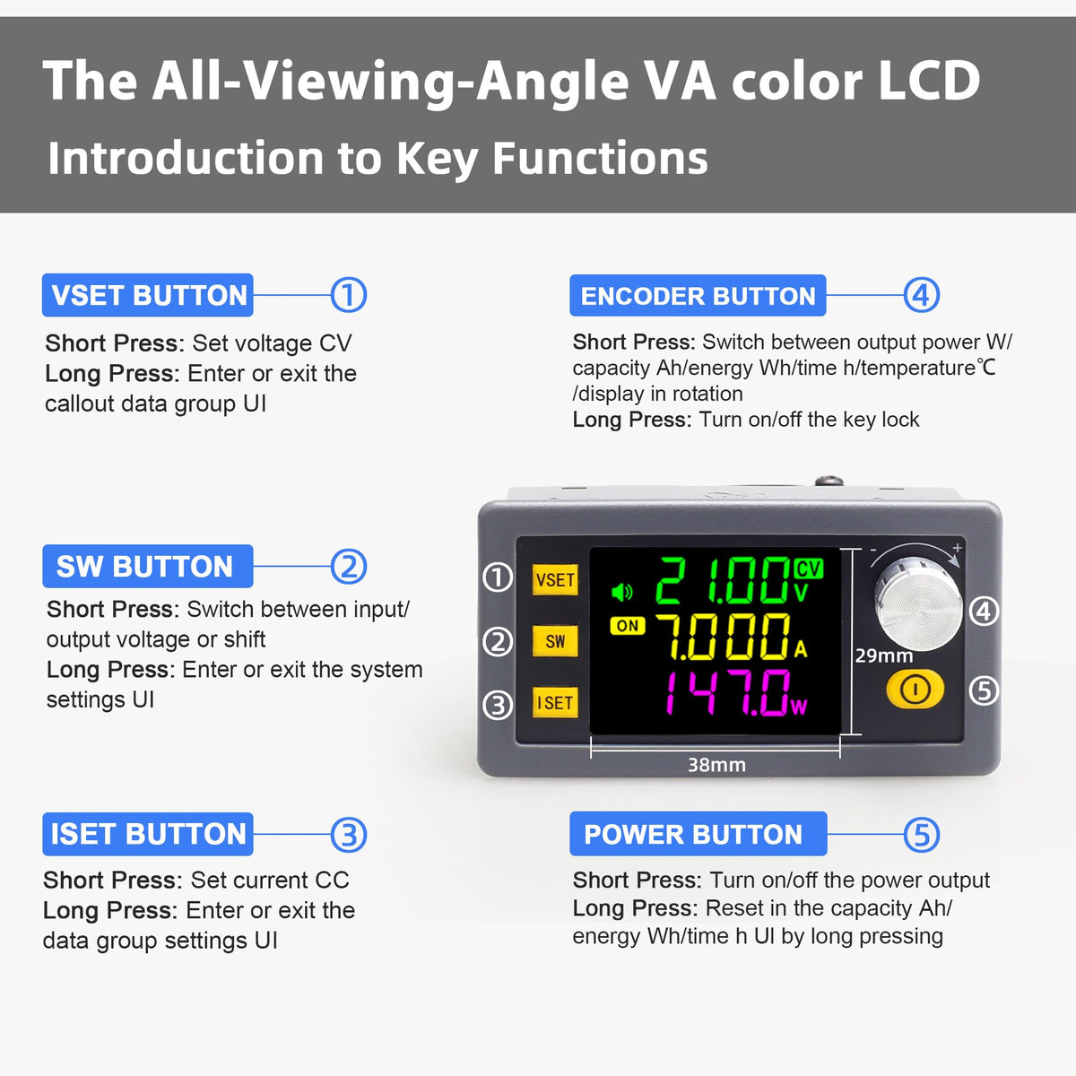 AUGUESLD SK150 output range 0-36V supports flexible DIY power experiments.