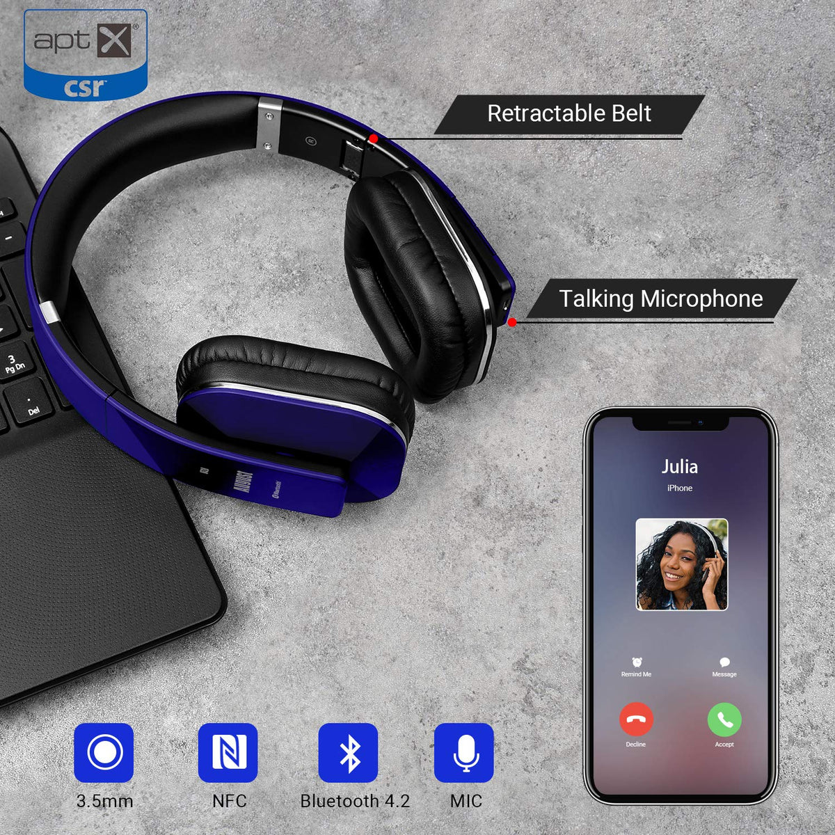 August EP650 blue aptX low latency badge suggests synced audio for videos