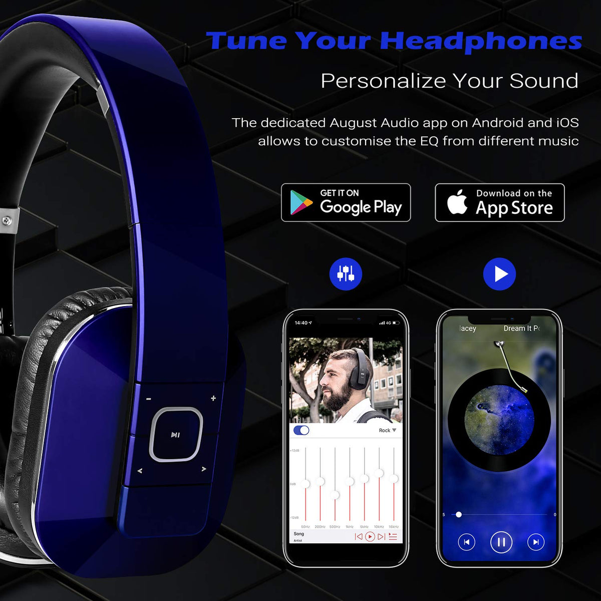 August EP650 blue headband adjustment shows secure, customizable fit during travel