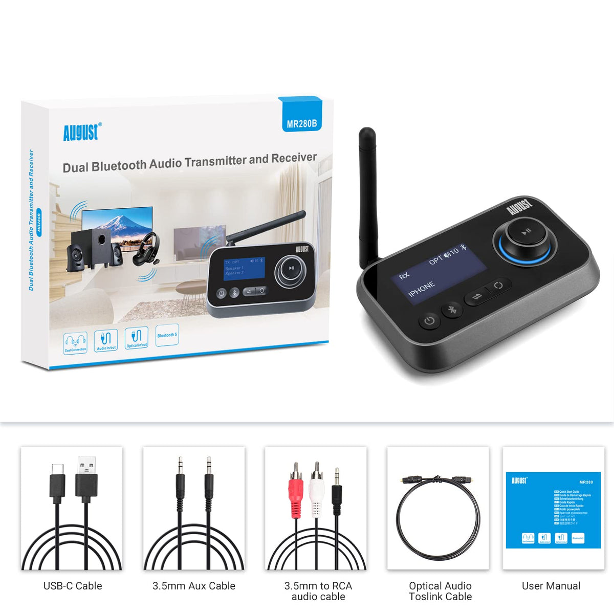 August MR280 next to remote and phone showing compact size and portability benefit