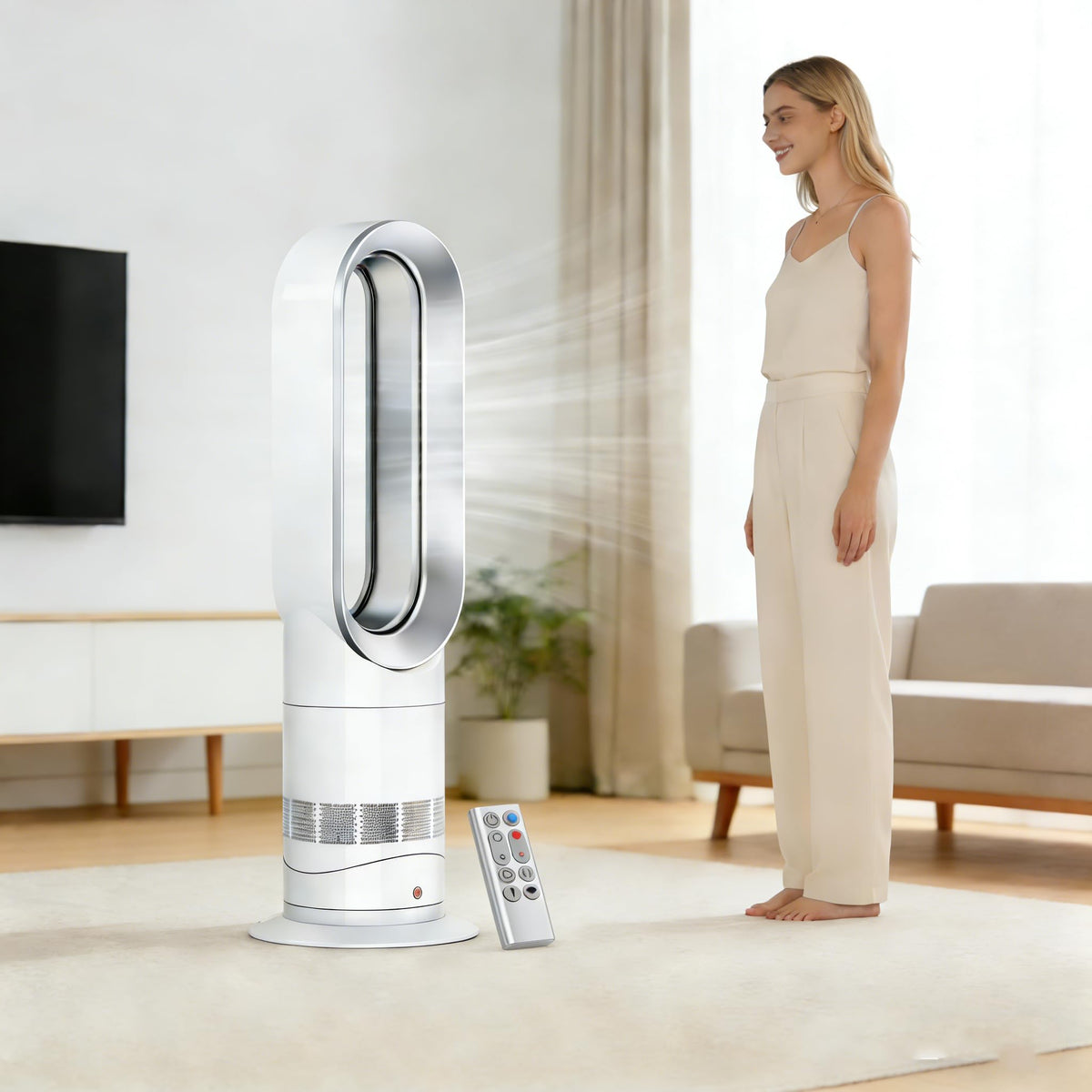 Auilzlz Dyson HP01 remote in hand for easy room-wide control.
