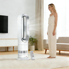 Auilzlz Dyson HP01 remote in hand for easy room-wide control.