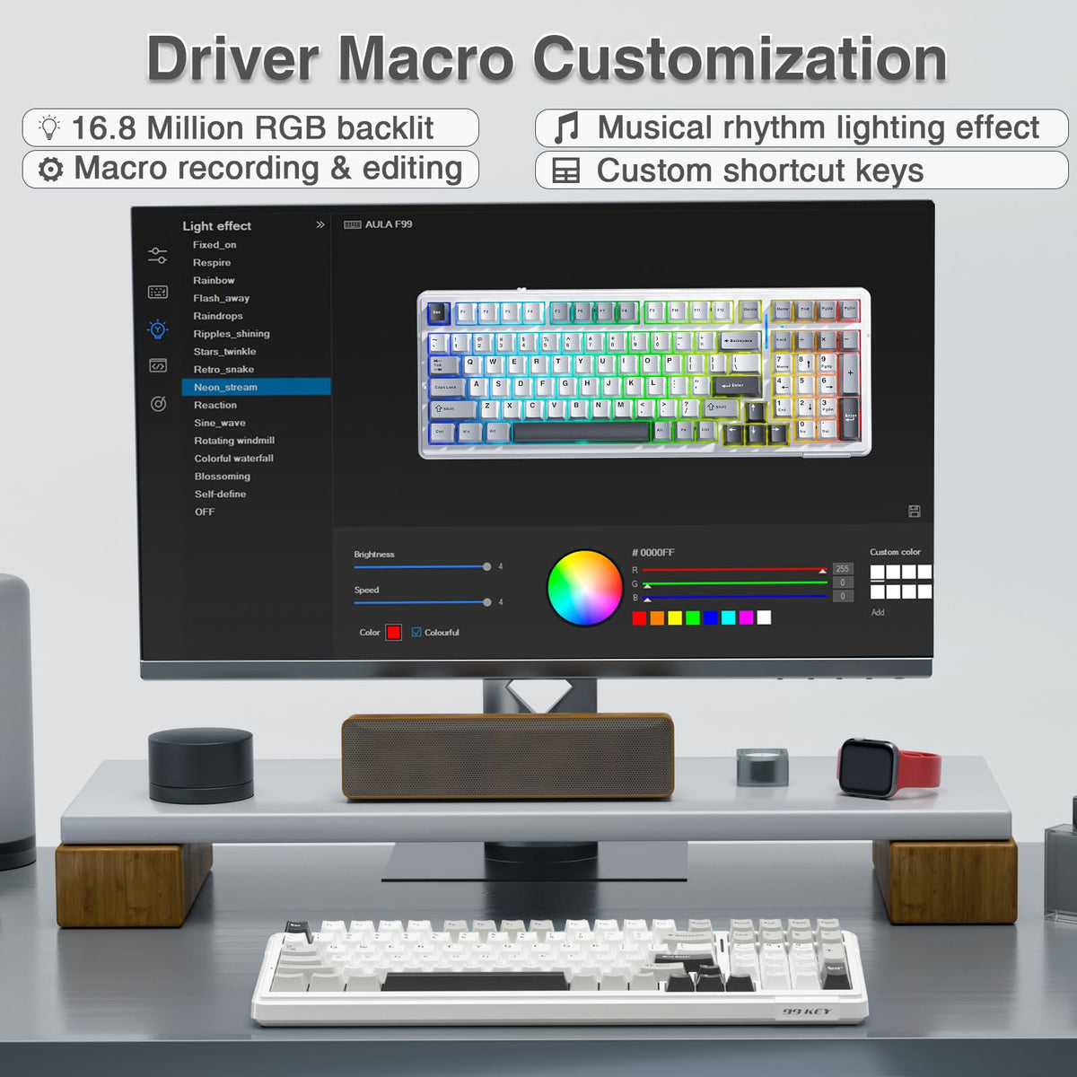 AULA F99 paired with a tablet showing multi-device convenience and portability