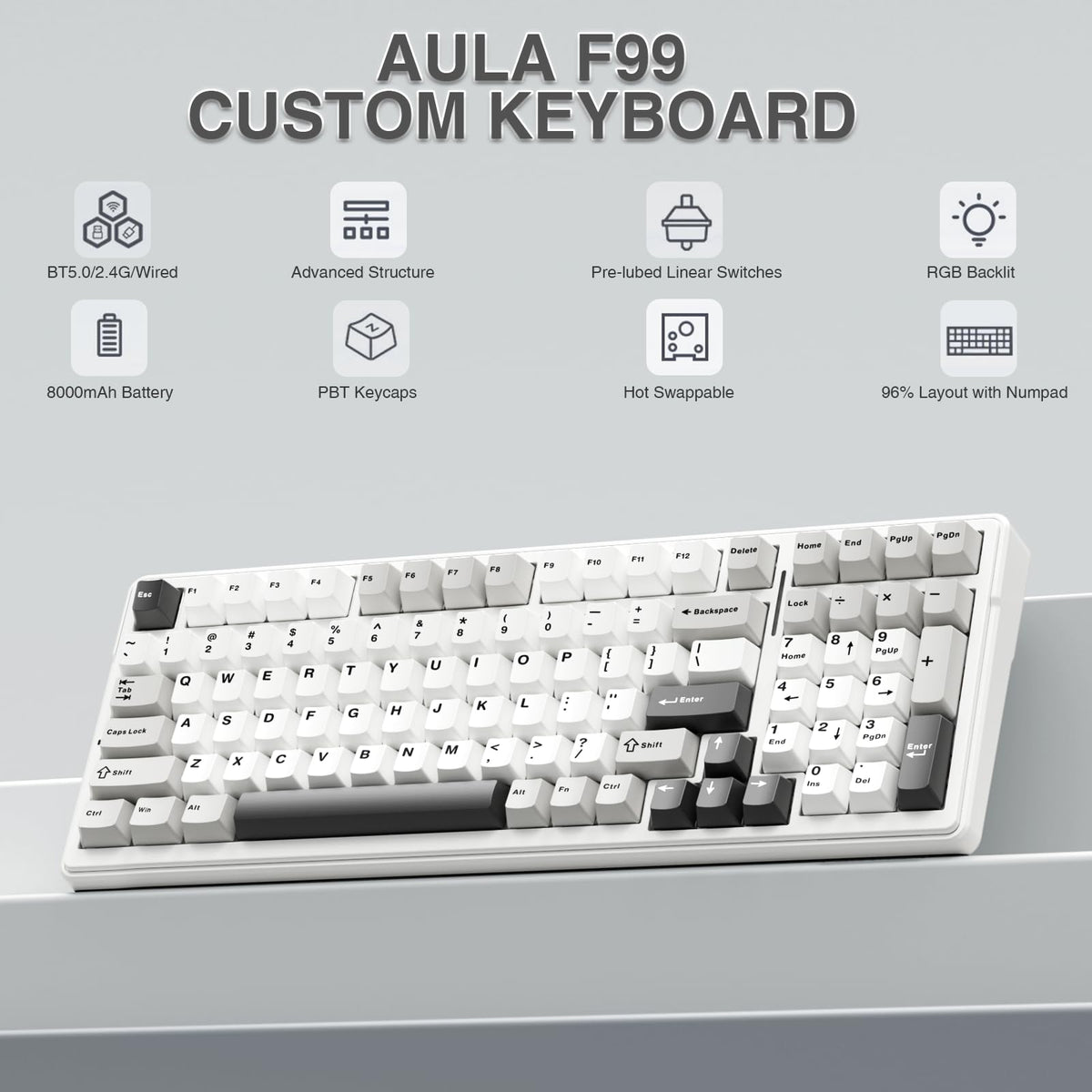 AULA F99 double-shot PBT keycaps close-up, durable legends and texture benefit