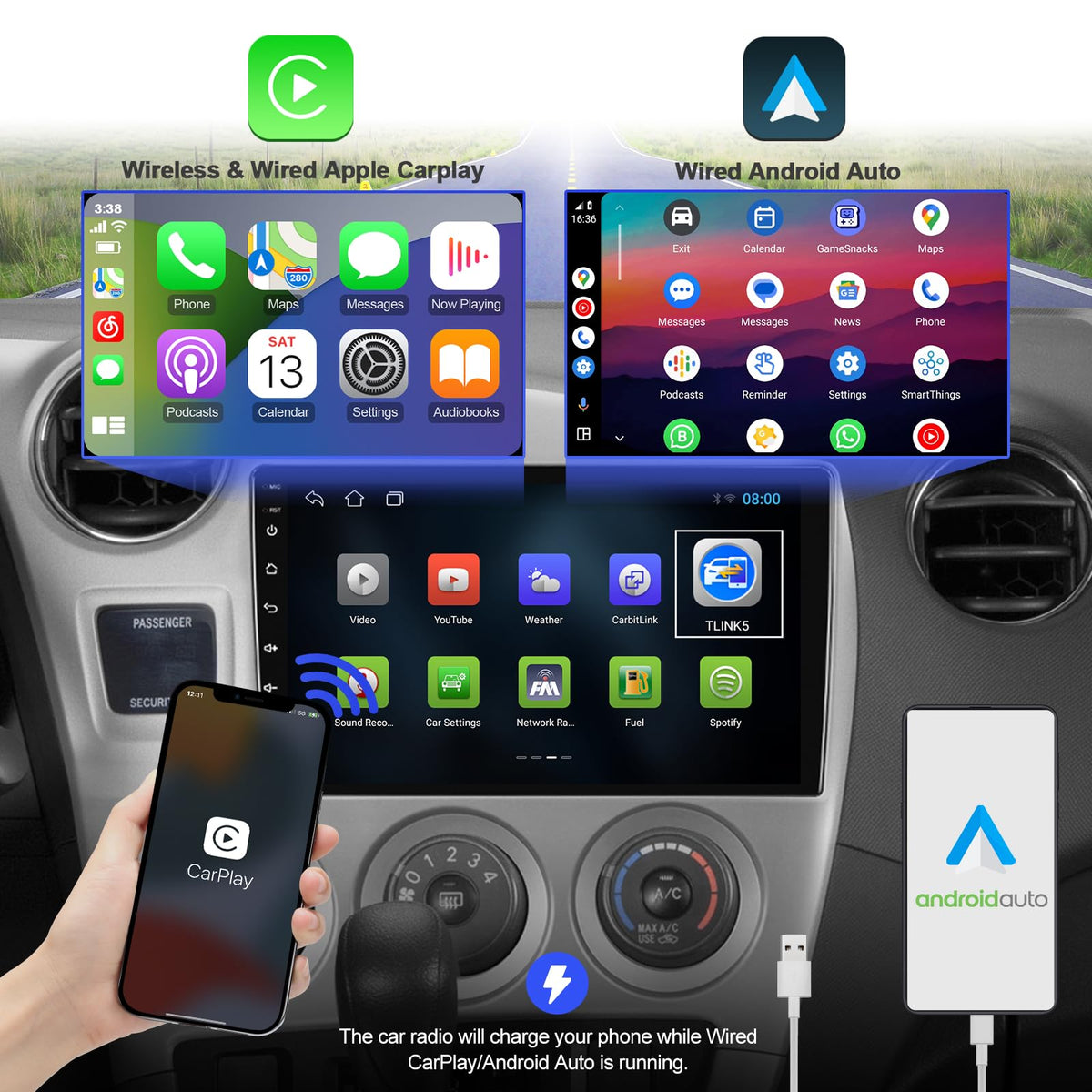AUMUME wireless CarPlay and Android Auto interface on the display.