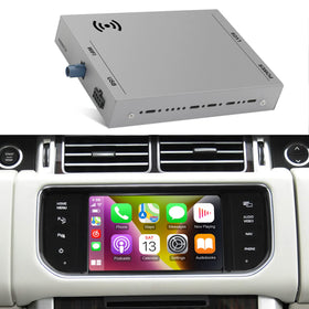 AUMUME wireless CarPlay receiver installed on Land Rover dashboard for seamless iPhone connectivity.