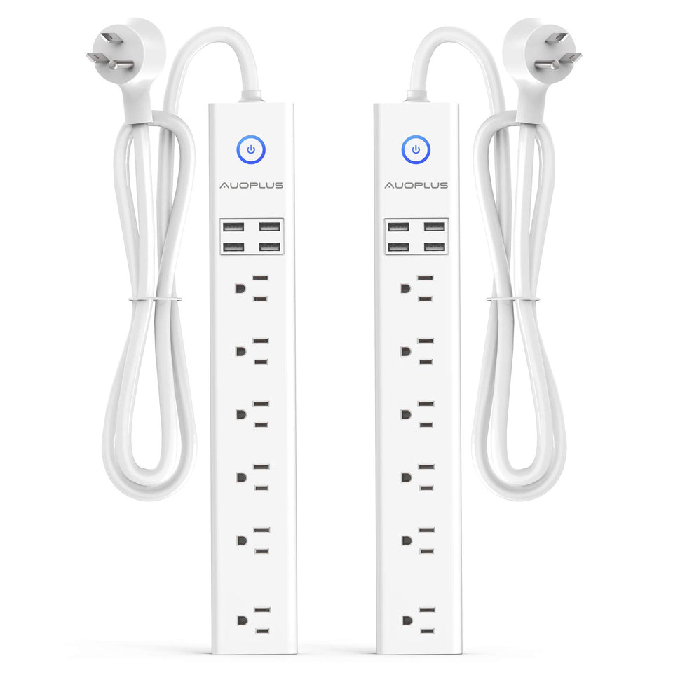 AUOPLUS 2-pack power strip with flat plug keeps outlets accessible.
