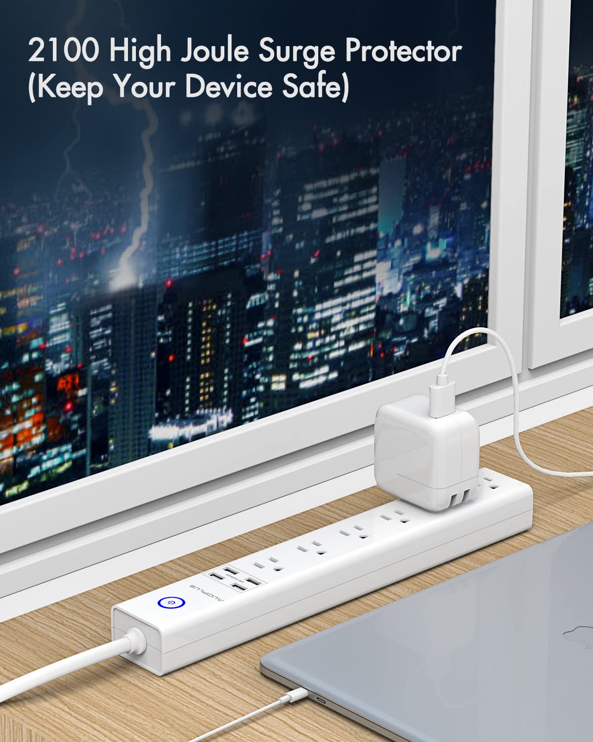 AUOPLUS 2100J surge protection guards electronics from spikes.