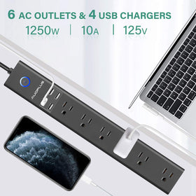 AUOPLUS 6-outlet surge strip front view for centralized devices and clean wiring