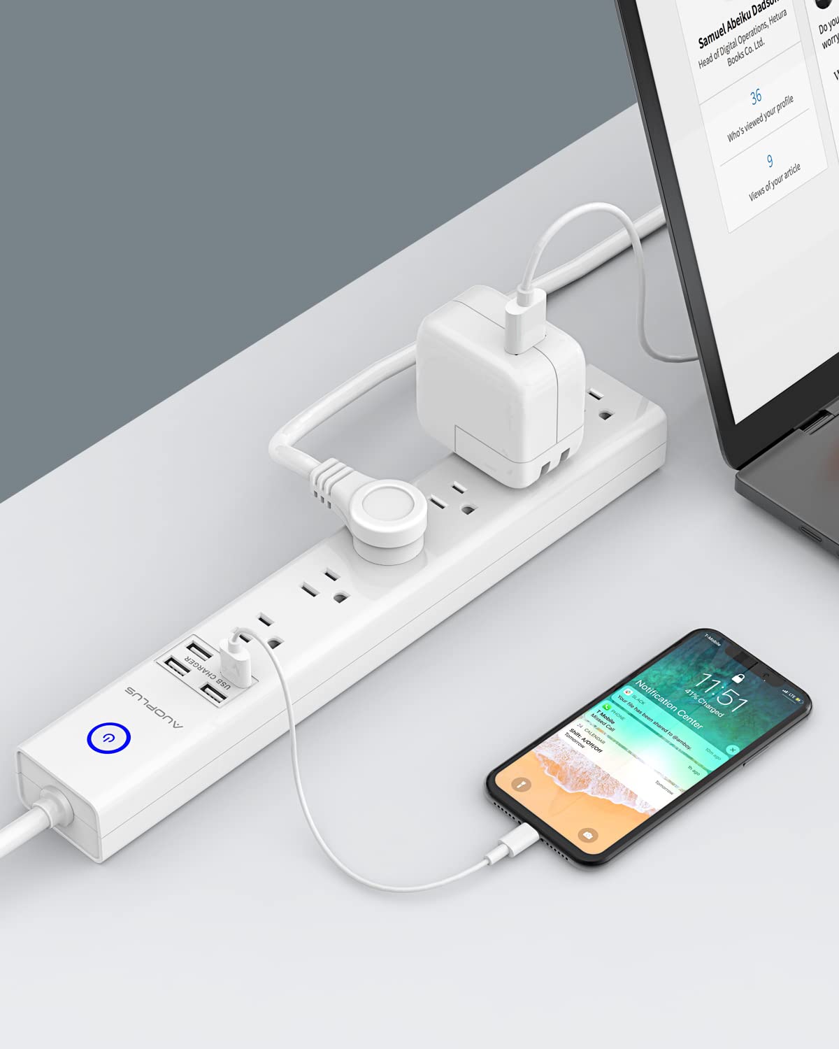 AUOPLUS compact, durable surge protector for home or office use.