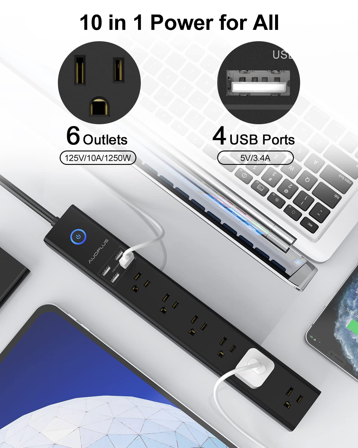 AUOPLUS flat right-angle plug close-up preserves adjacent wall outlet space
