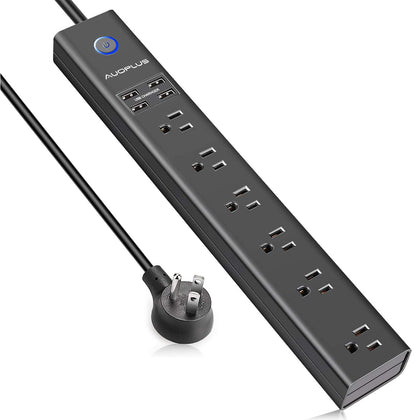 AUOPLUS front view of power strip showing all outlets and USB ports for organized charging
