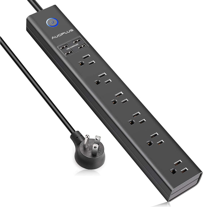 AUOPLUS front view of power strip showing all outlets and USB ports for organized charging