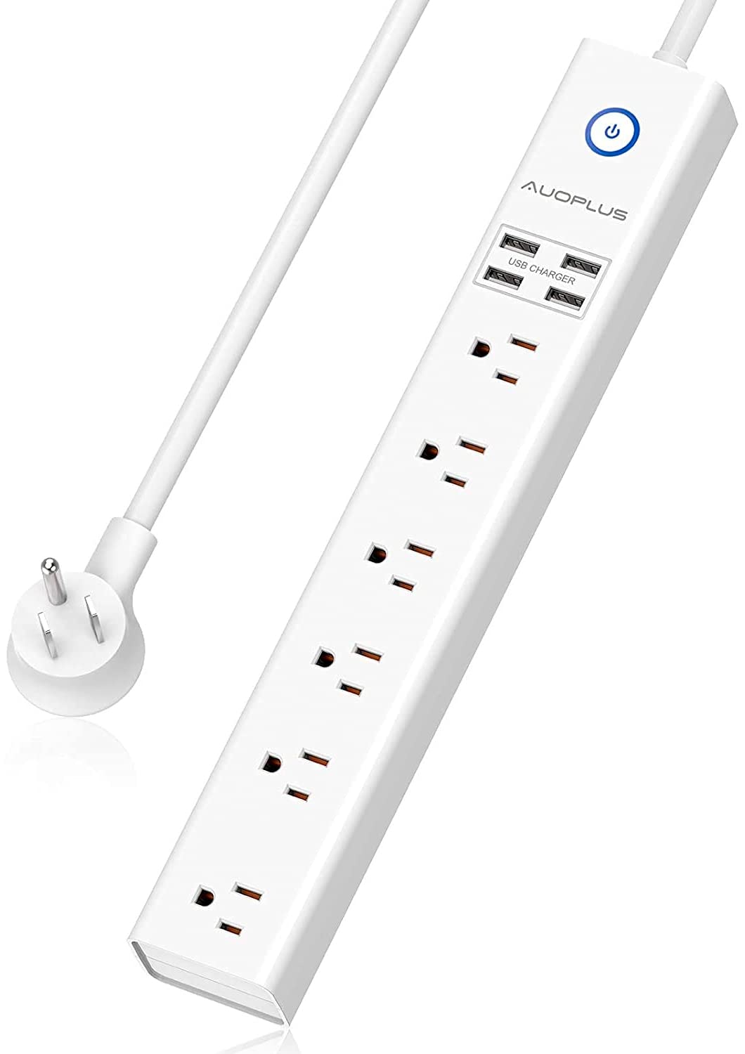 AUOPLUS front view showing six outlets and four USB ports, organized charging