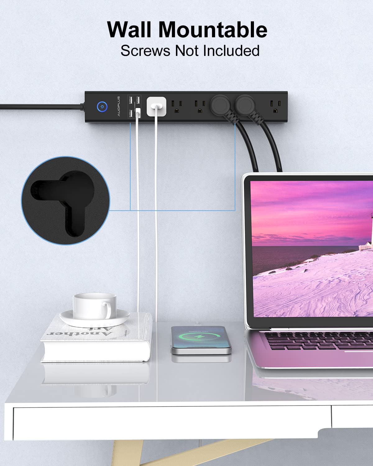 AUOPLUS power strip mounted on wall showing tidy installation and secure hold
