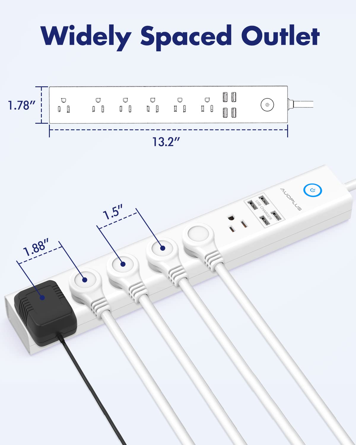AUOPLUS six outlets and four USB ports organize charging.