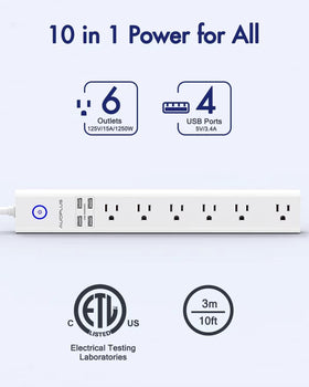 AUOPLUS surge protector with USB ports delivering smart charging for devices.