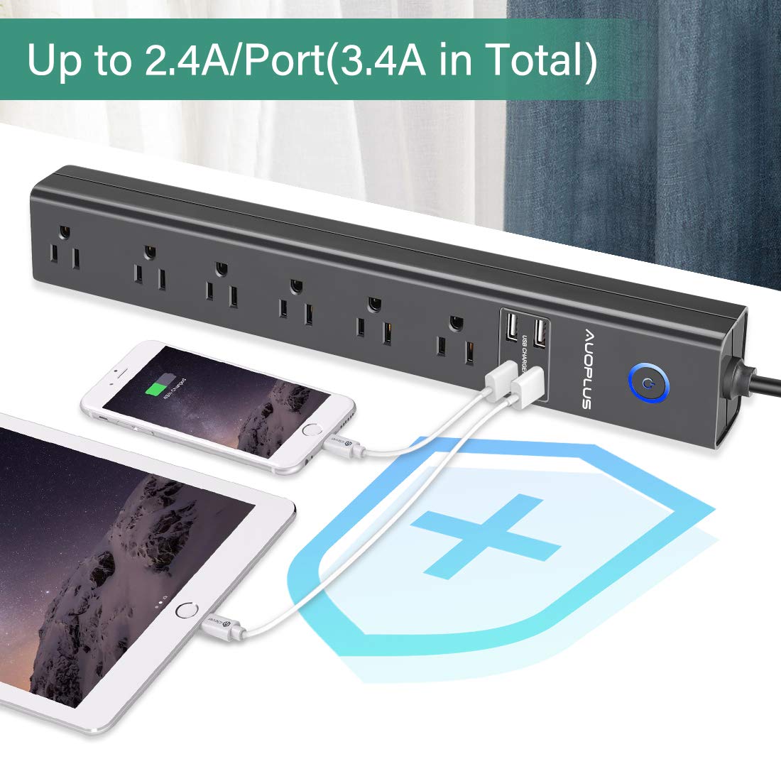 AUOPLUS four USB ports charge phones and tablets efficiently with smart IC