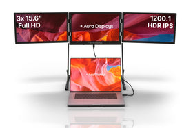 Aura Displays Triple Aero Max assembly demonstrates a portable multi screen setup for professionals