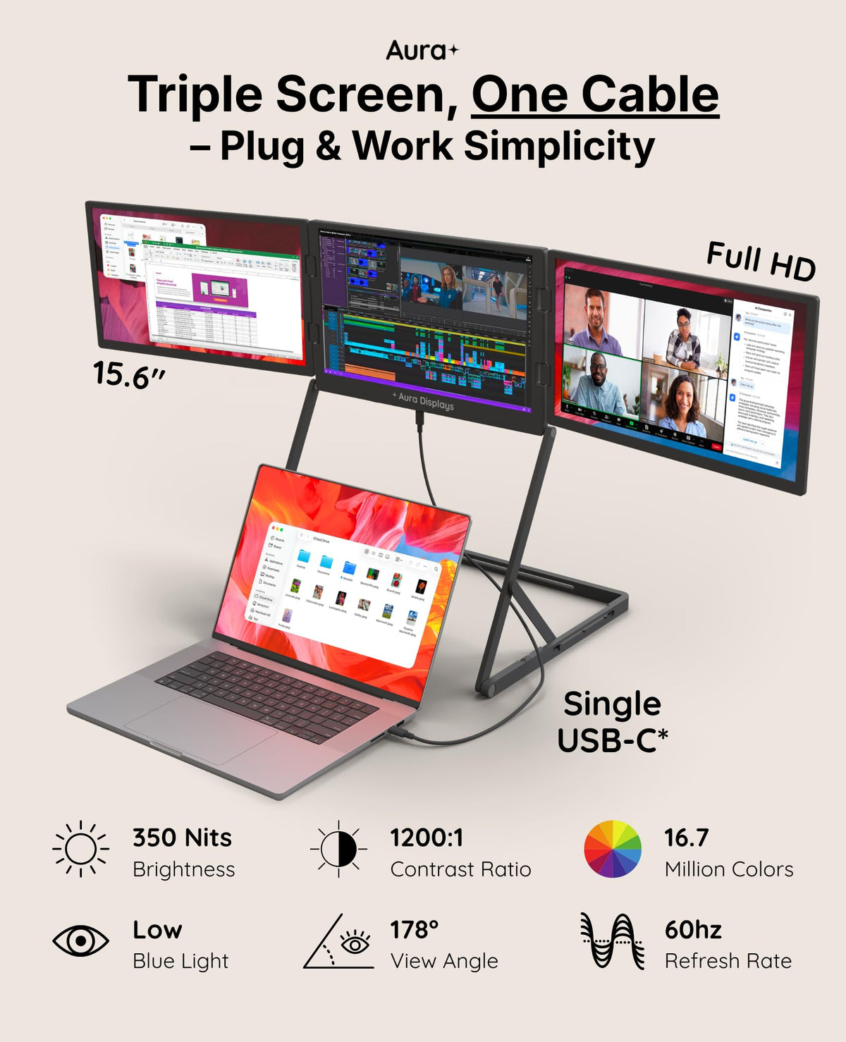 Aura Displays Triple Aero Max side view highlights compact portability in a bag