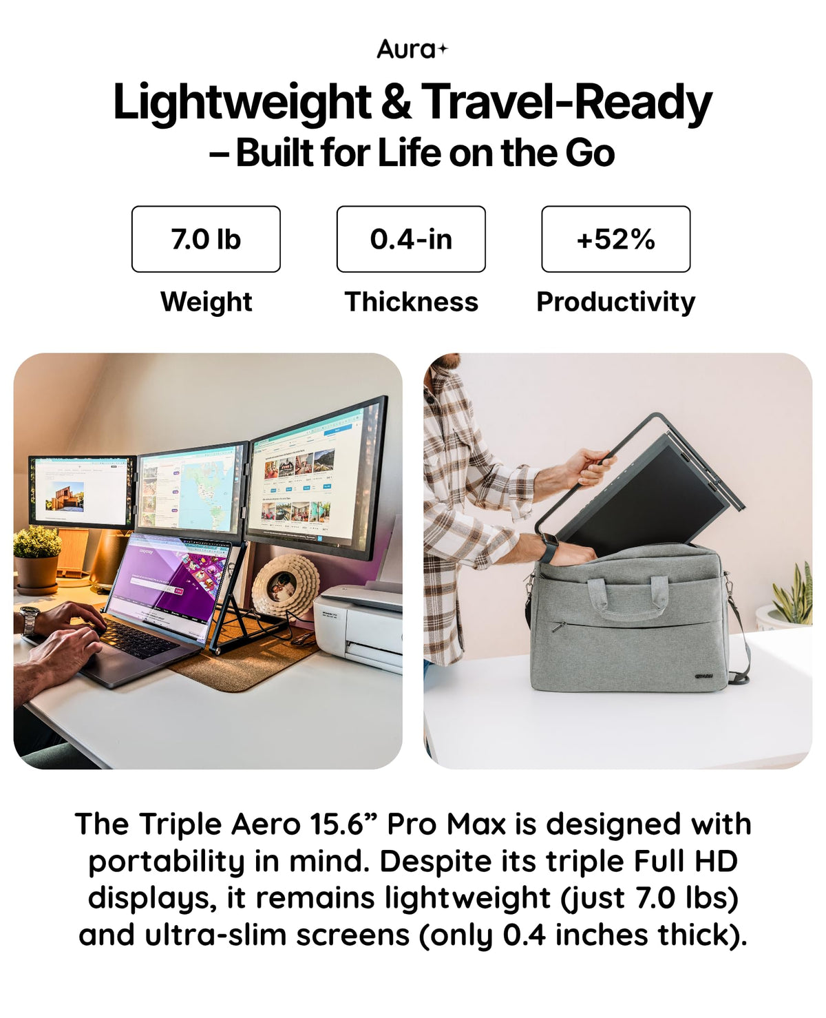 Aura Displays Triple Aero Max USB C connection enables single cable power and video