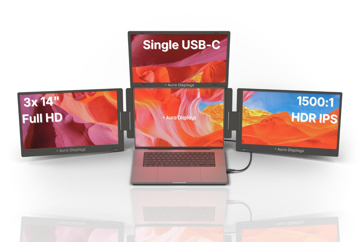 Aura Displays Triple Boost Pro 14 full HD screens form a portable triple monitor setup for productivity