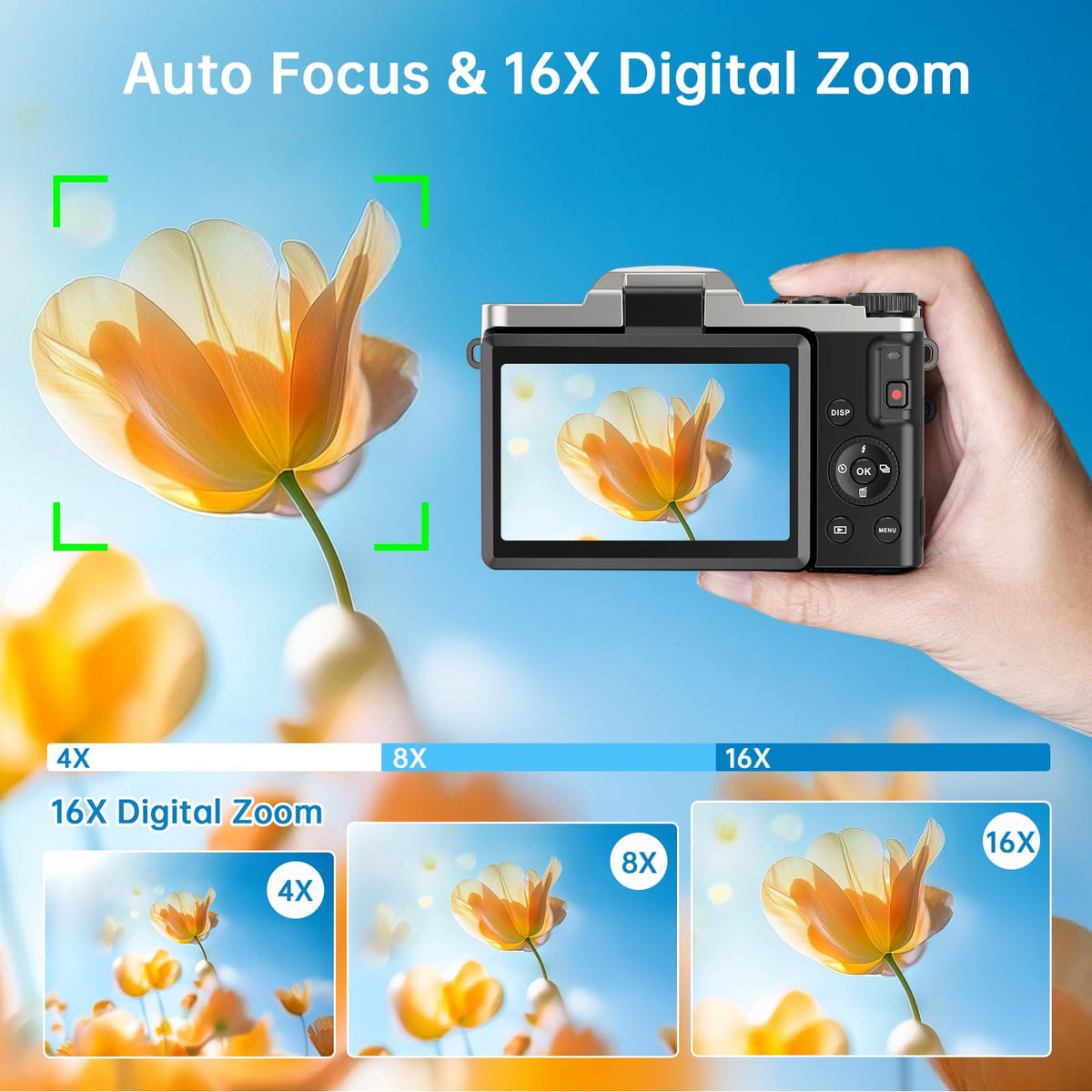 AUREAPIX 4K camera 3-inch flip screen for selfies and vlogs.