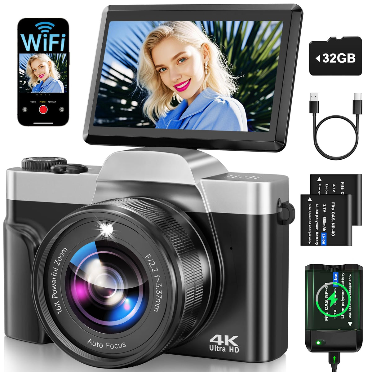 AUREAPIX 4K camera front view, compact design ideal for travel photography.