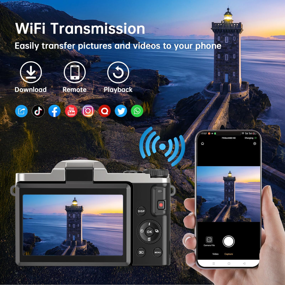 AUREAPIX 4K camera with WiFi transfer, instant sharing via Viipulse app.