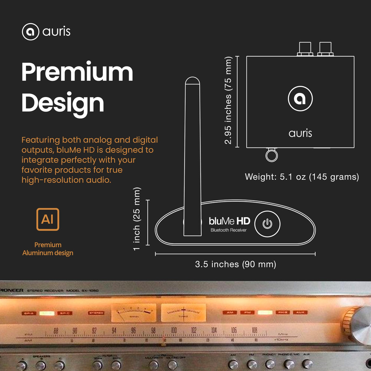 Auris Blume HD setup image highlights quick wireless streaming to a stereo.